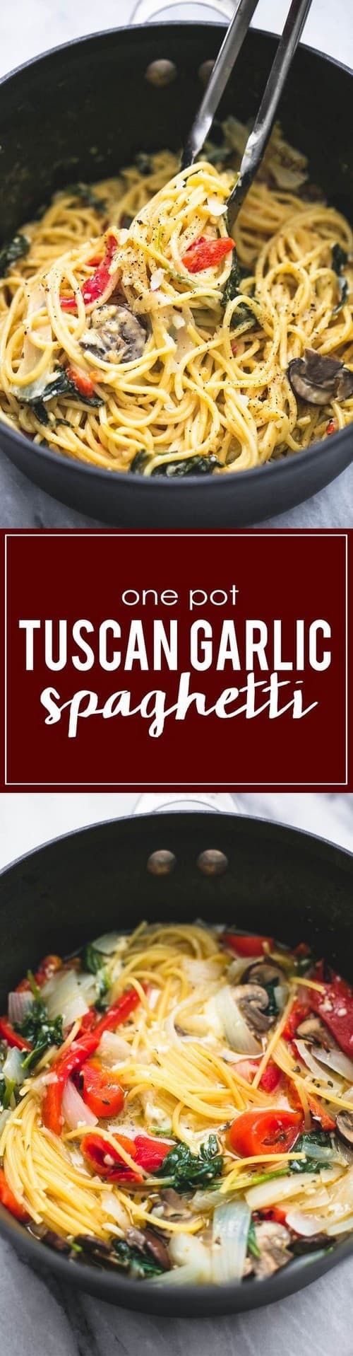 Mediterranean One Pot Creamy Tuscan Garlic Spaghetti